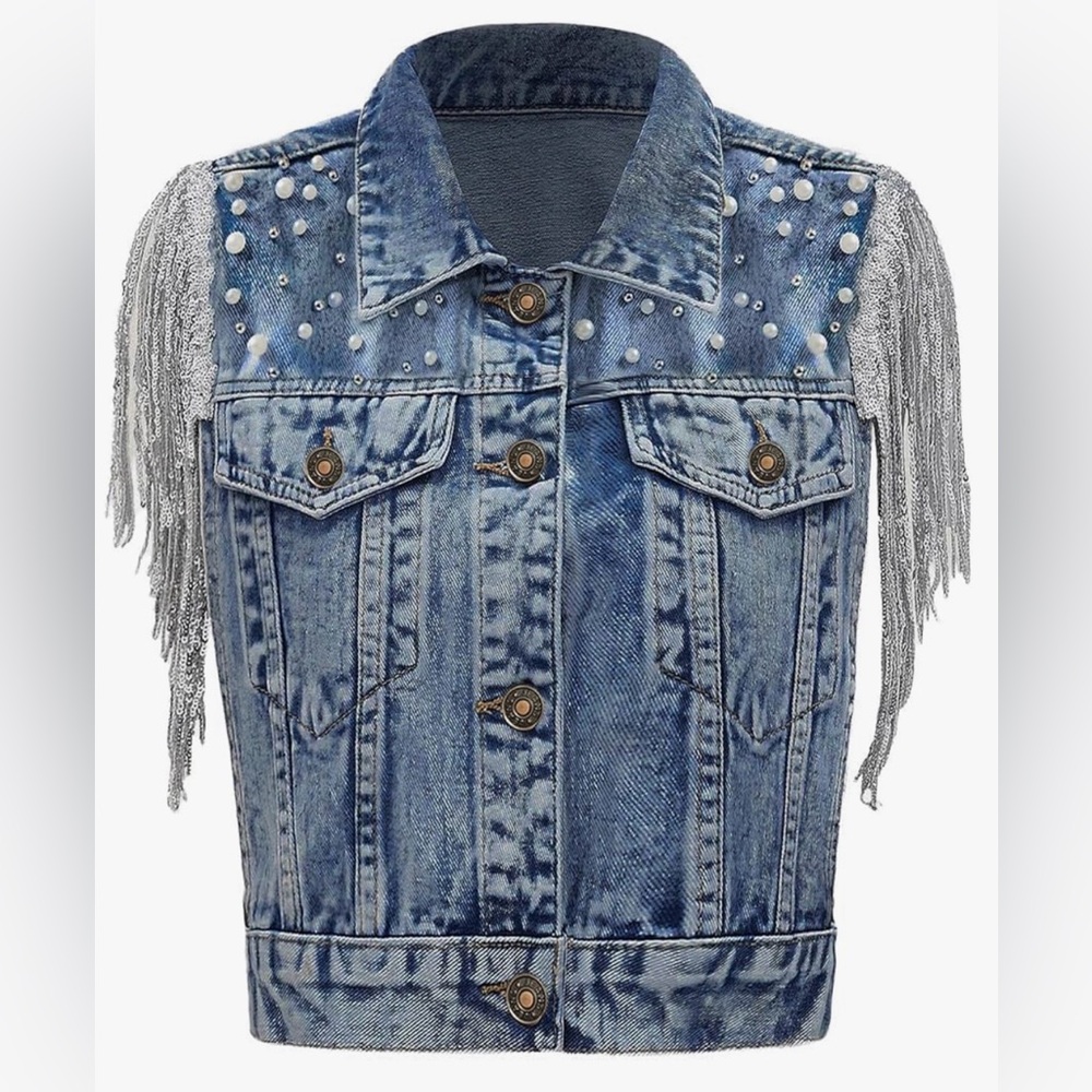 Denim Vest with Pearl Beading + Sequin